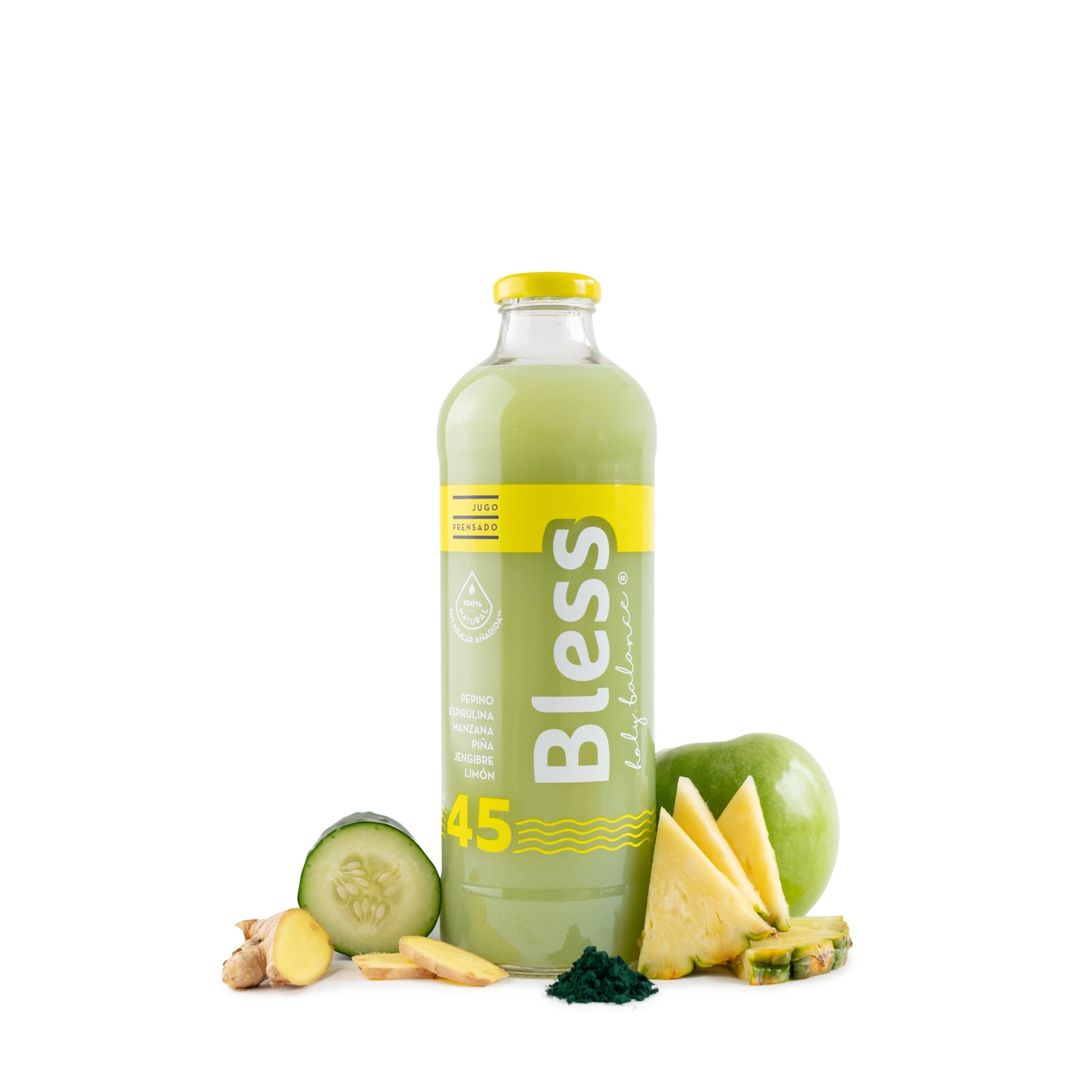 Suscripción Caja Jugo 45 Pepino, espirulina, manzana, piña y jengibre - Litro