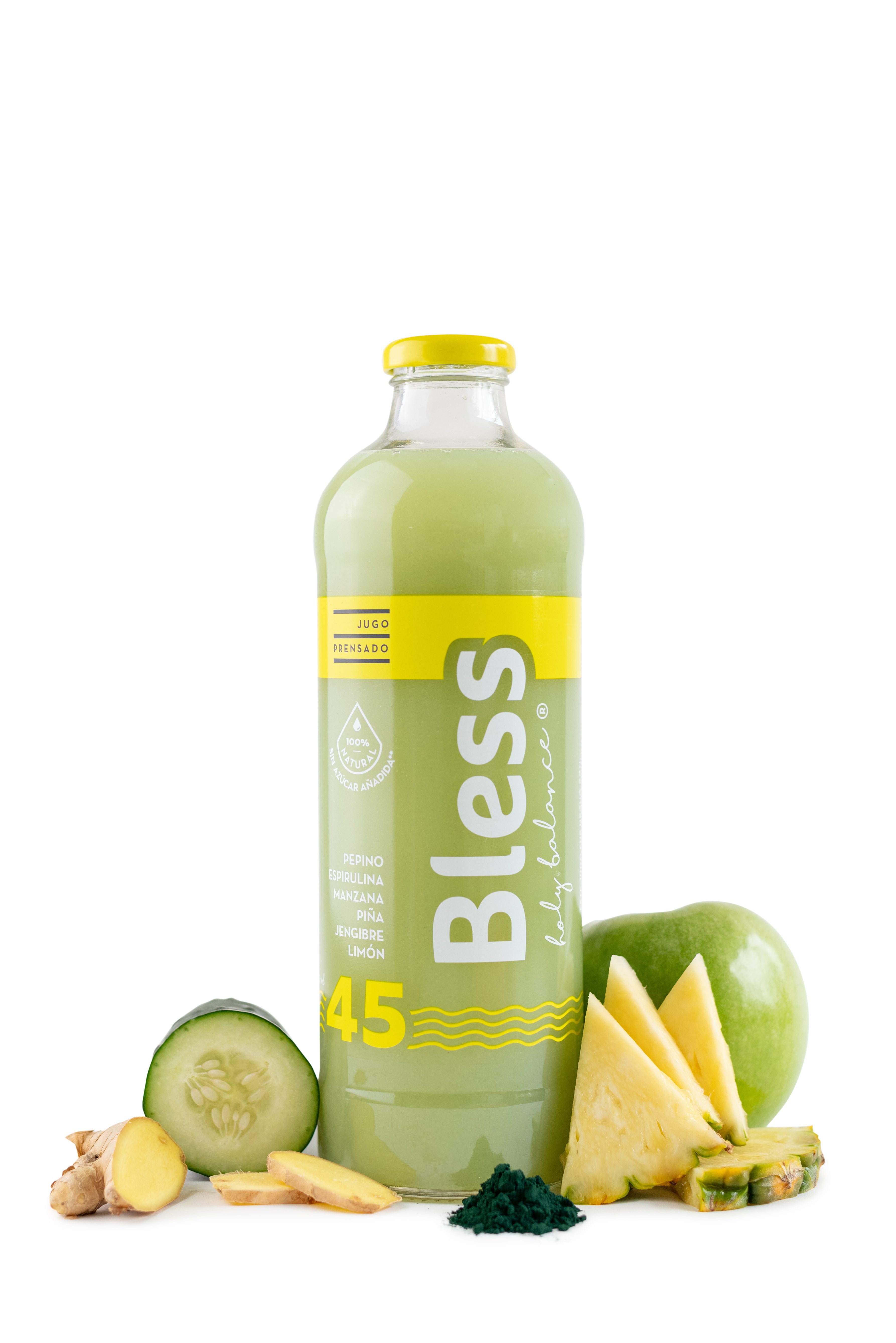 45 · Pepino, espirulina, manzana, piña y jengibre