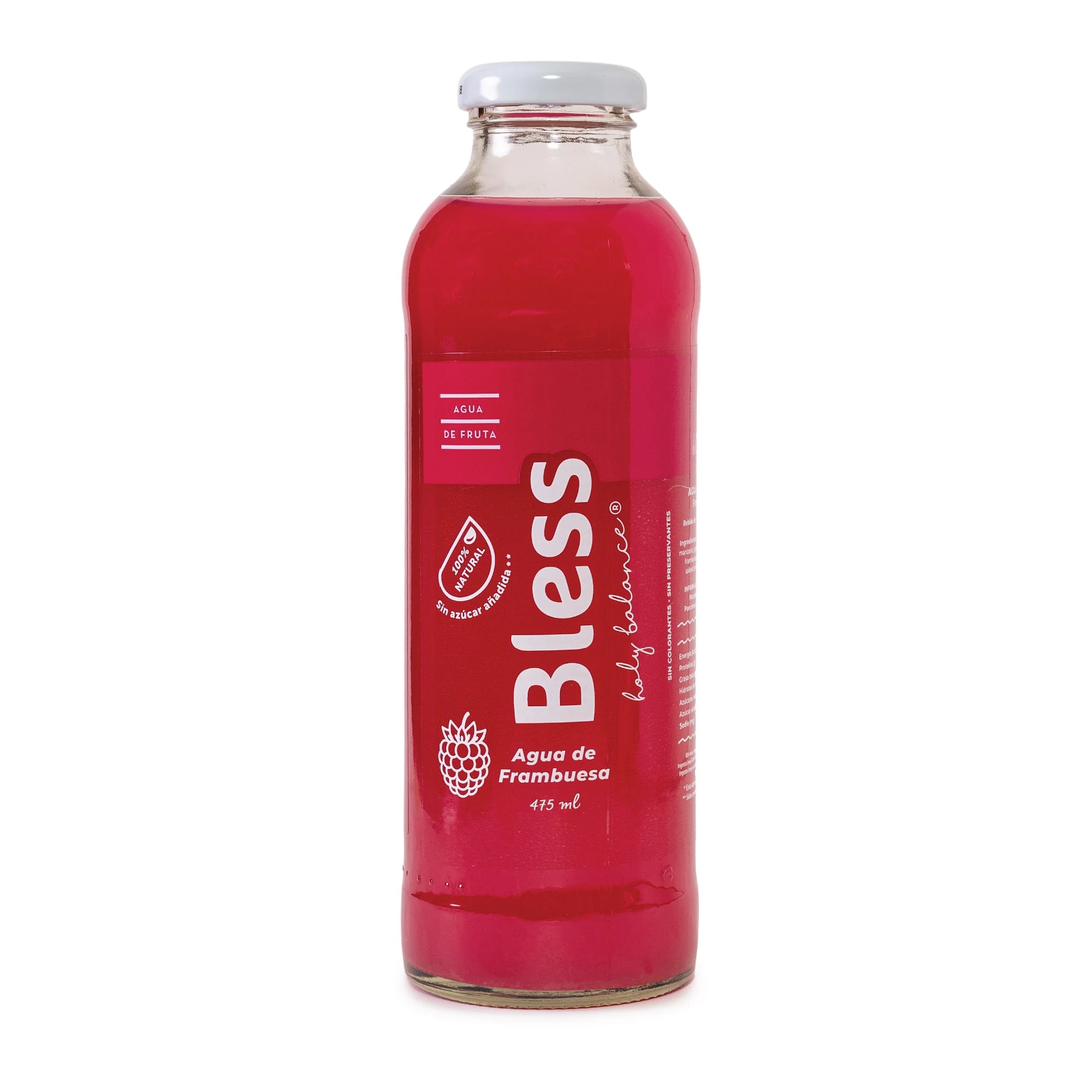 Agua de Frambuesa Bless, botella de vidrio de 475 ml