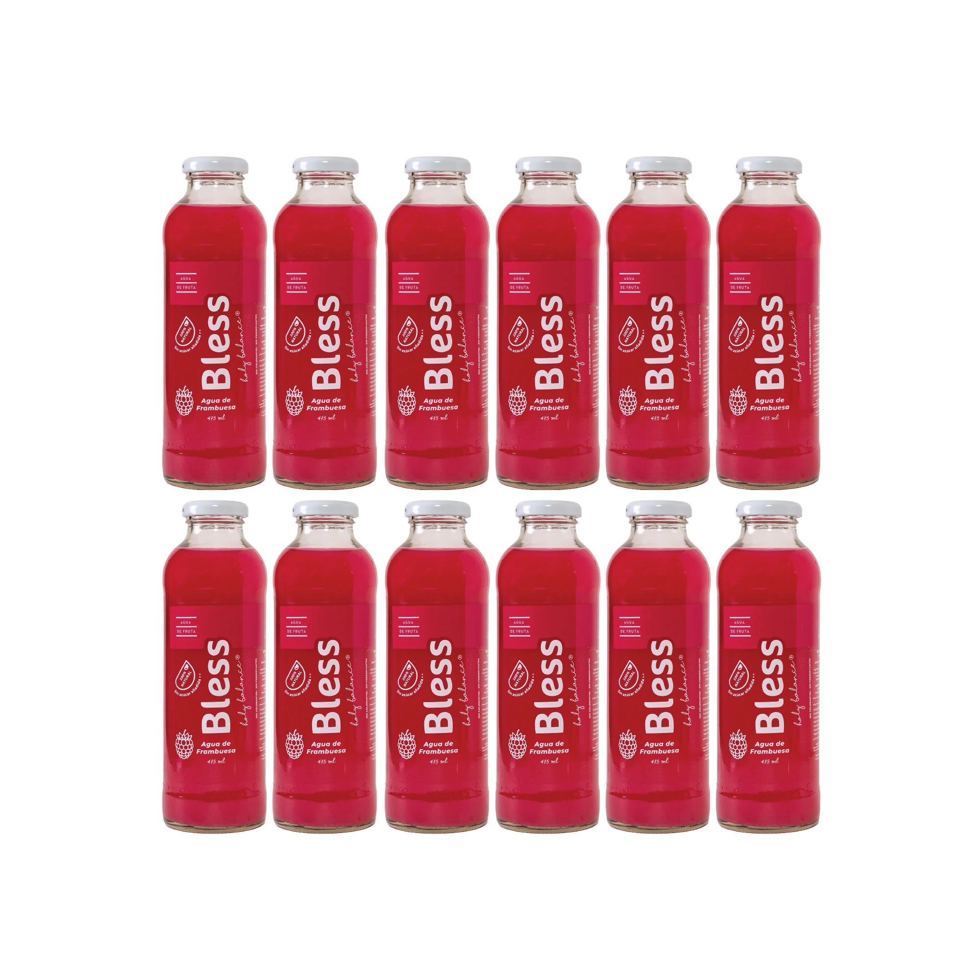 Caja de 12 botellas de Agua de Frambuesa Bless, 475 ml