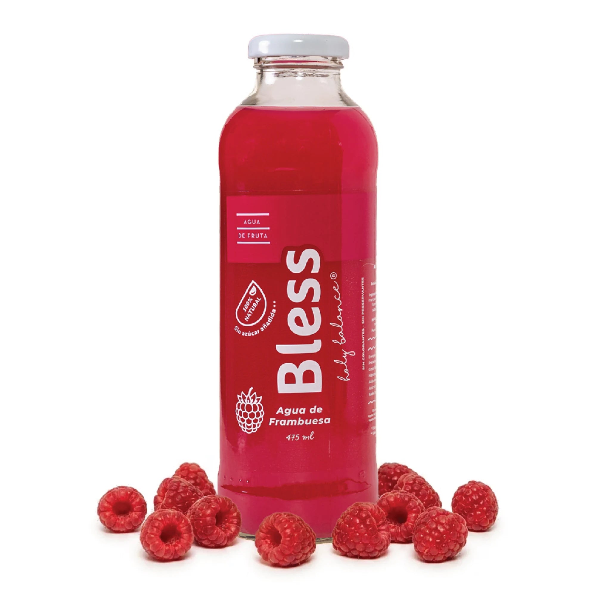 Agua de Frambuesa Bless con frambuesas frescas