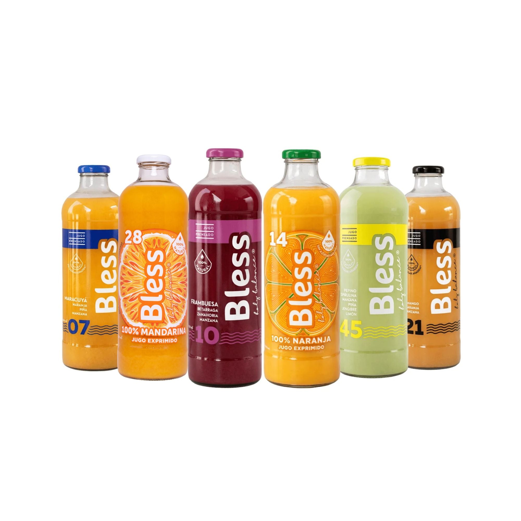 Caja Mix Bless de seis botellas de litro: jugos 07, 28 Mandarina, 10, 14, 45 y 21