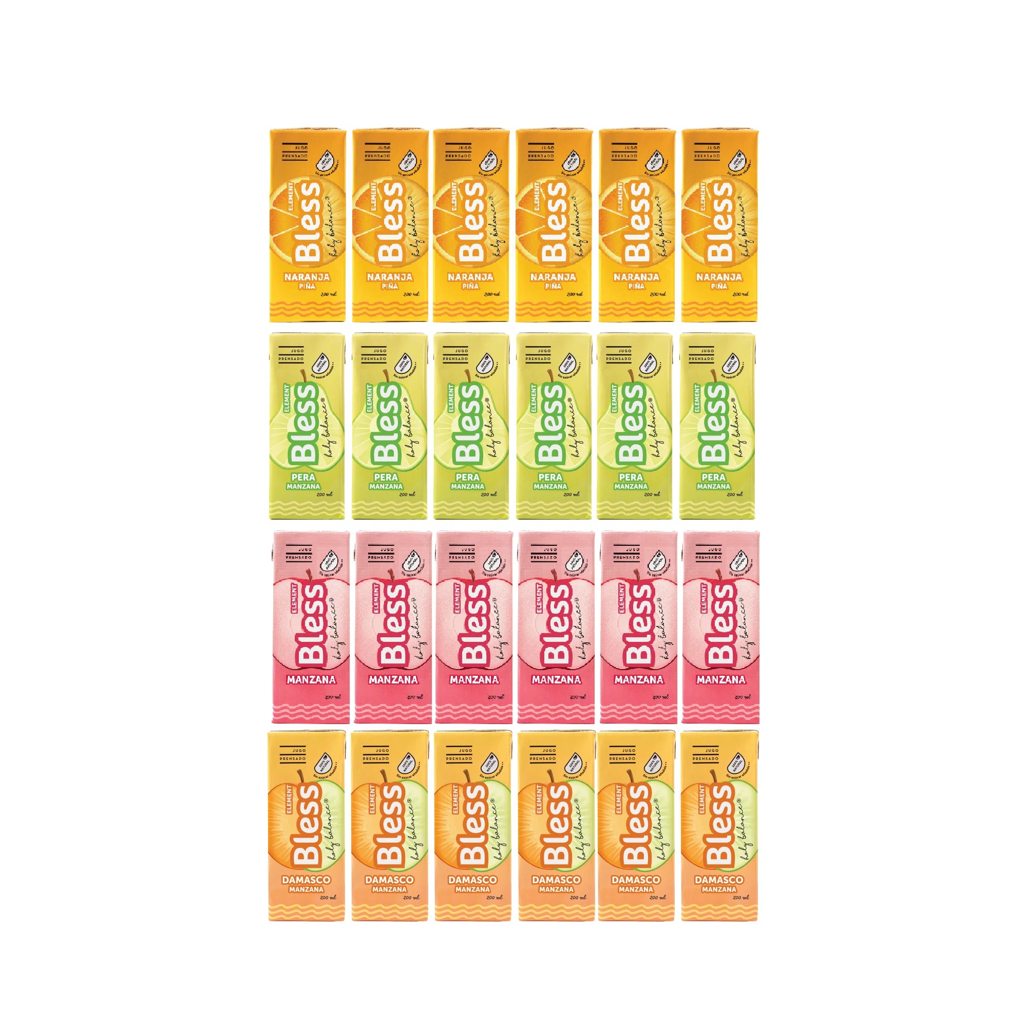 Caja de 24 Element Bless de 200 ml: Manzana, Pera Manzana, Damasco Manzana y Naranja Piña