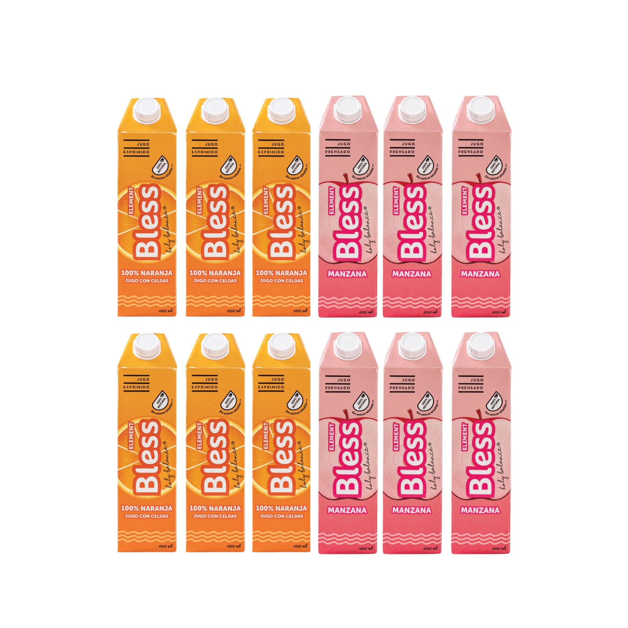 Caja de 12 Element Bless de 1 litro: 100% Naranja y Manzana