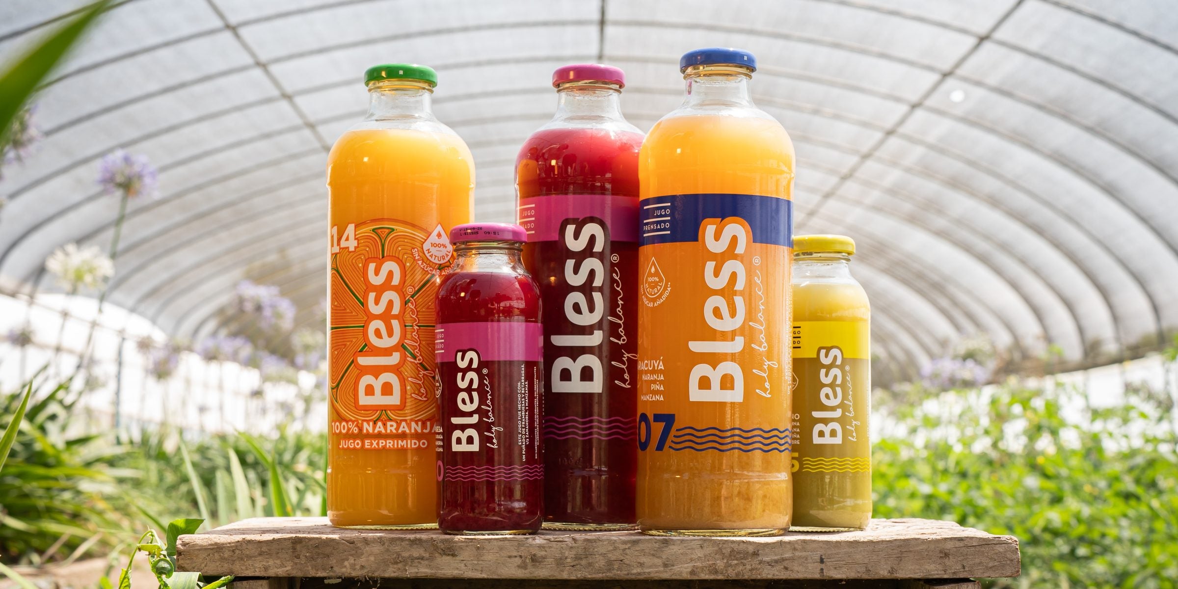 Botellas de vidrio Bless sobre una banqueta de madera